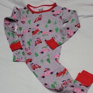 Essentials Pink & Red Holiday Pajama Set with Green Tree Print